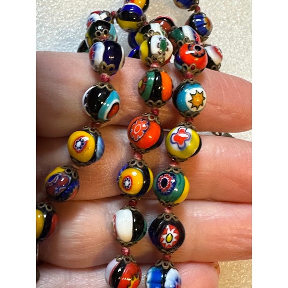 Art Deco Millefiori Art Glass Bead Necklace 25" - Picture 5 of 6